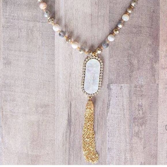 Oval Iridescent Pendent Necklace, White/Grey - Picture 2 of 2